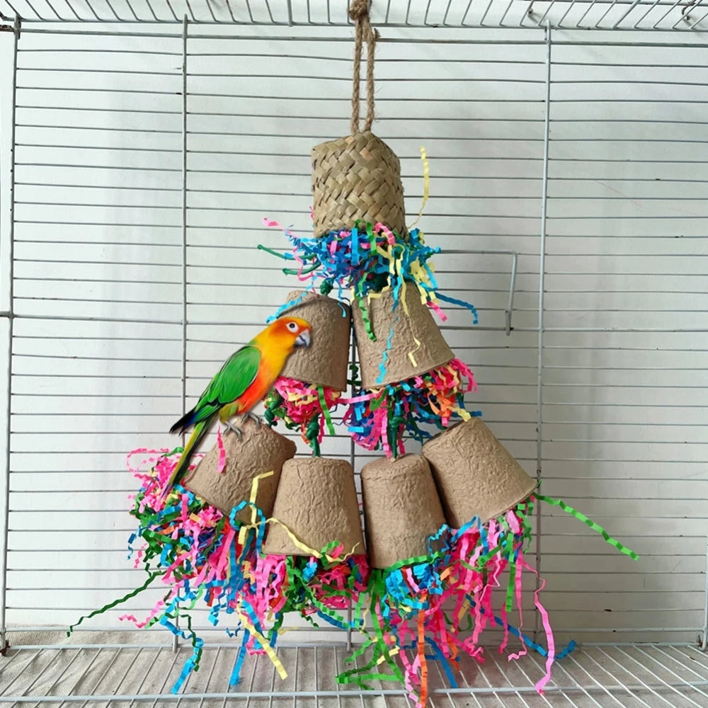 Paper cup parrot foraging tower with raffia