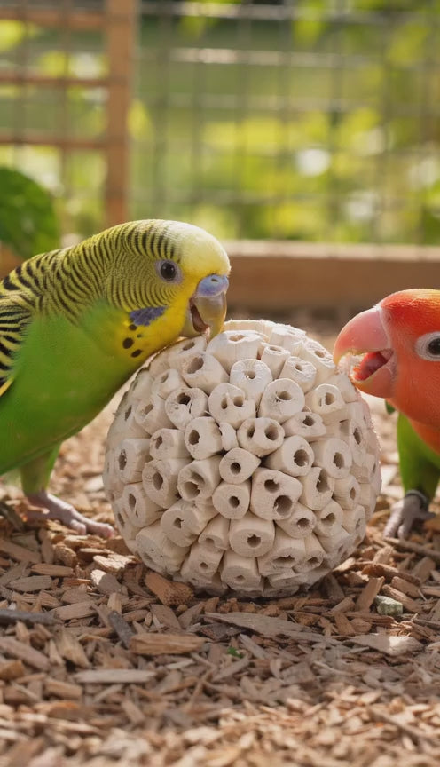 Budgie and lovebird shredding sola balls